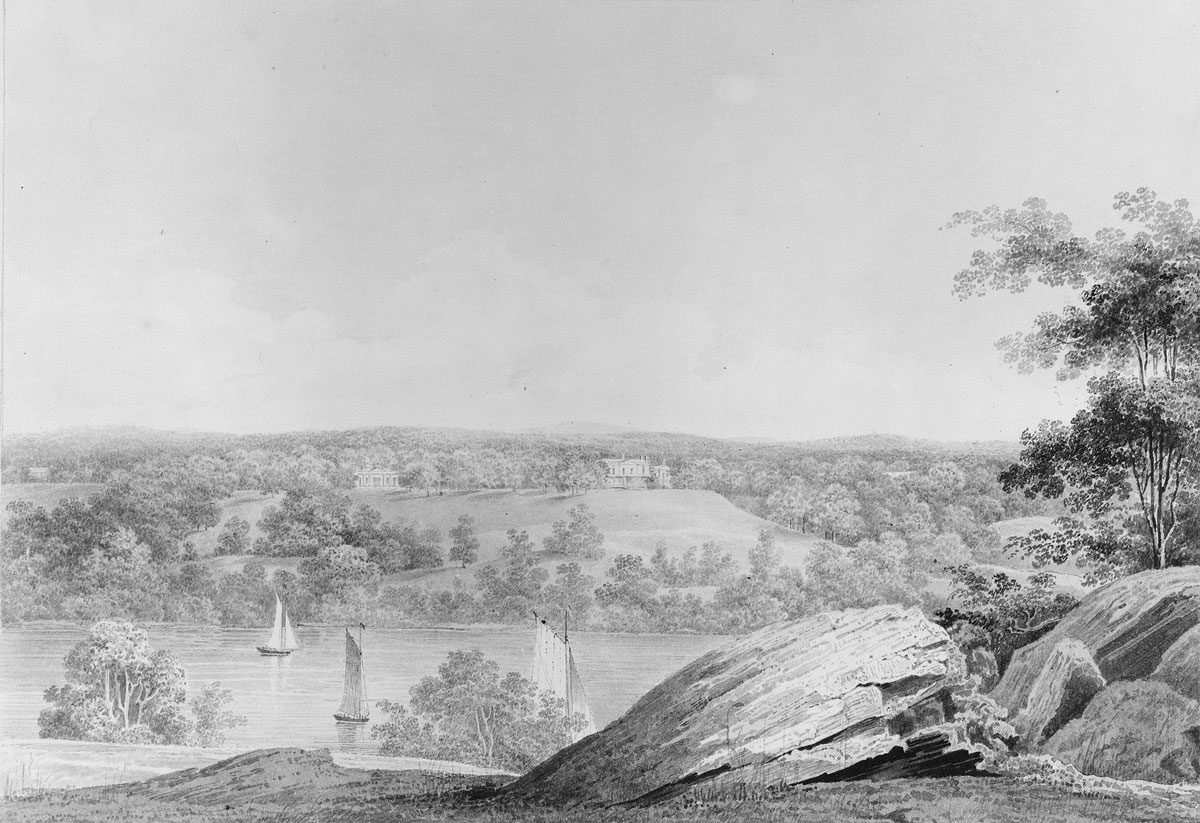 Thomas Kelah Wharton, "View of the David Hosack Estate at Hyde Park, New York, from Western Bank of the Hudson River" (from Hosack Album), ca. 1832.