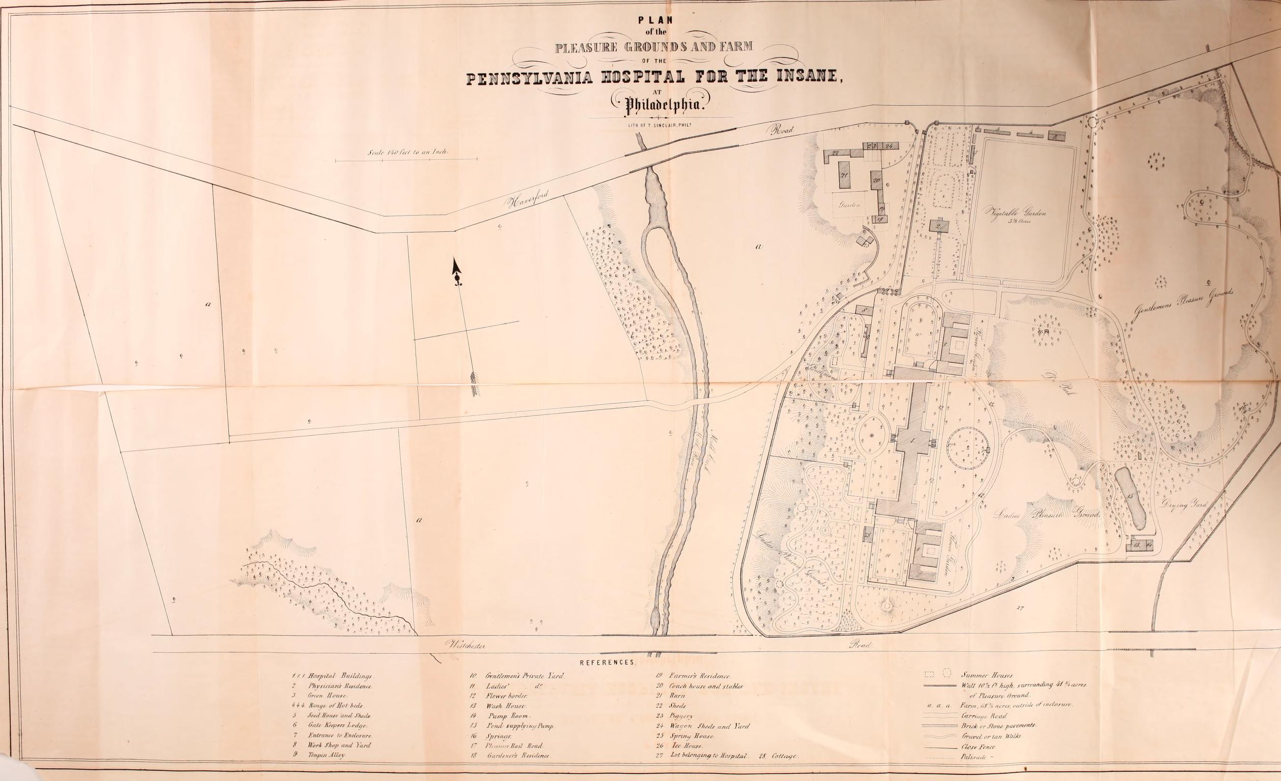 Fig. 12, Thomas S. Sinclair, "Plan of the Pleasure Grounds and Farm of the Pennsylvania Hospital for the Insane at Philadelphia," in Thomas S. Kirkbride, American Journal of Insanity 4 (April 1848): n.p.