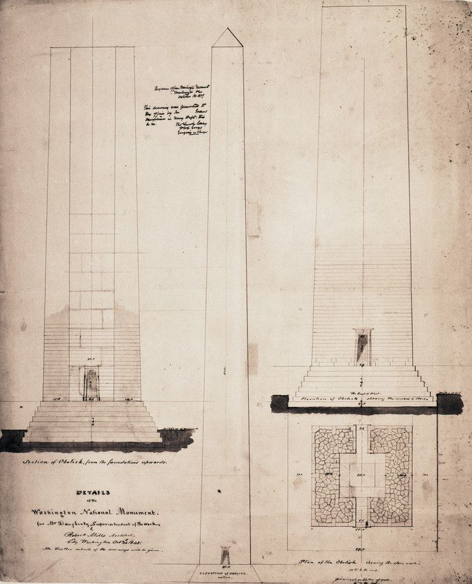 Fig. 1, Robert Mills, Details of the Washington Monument for Mr. Daugherty, Superintendent of the Work, Washington, D.C., October 24, 1848.