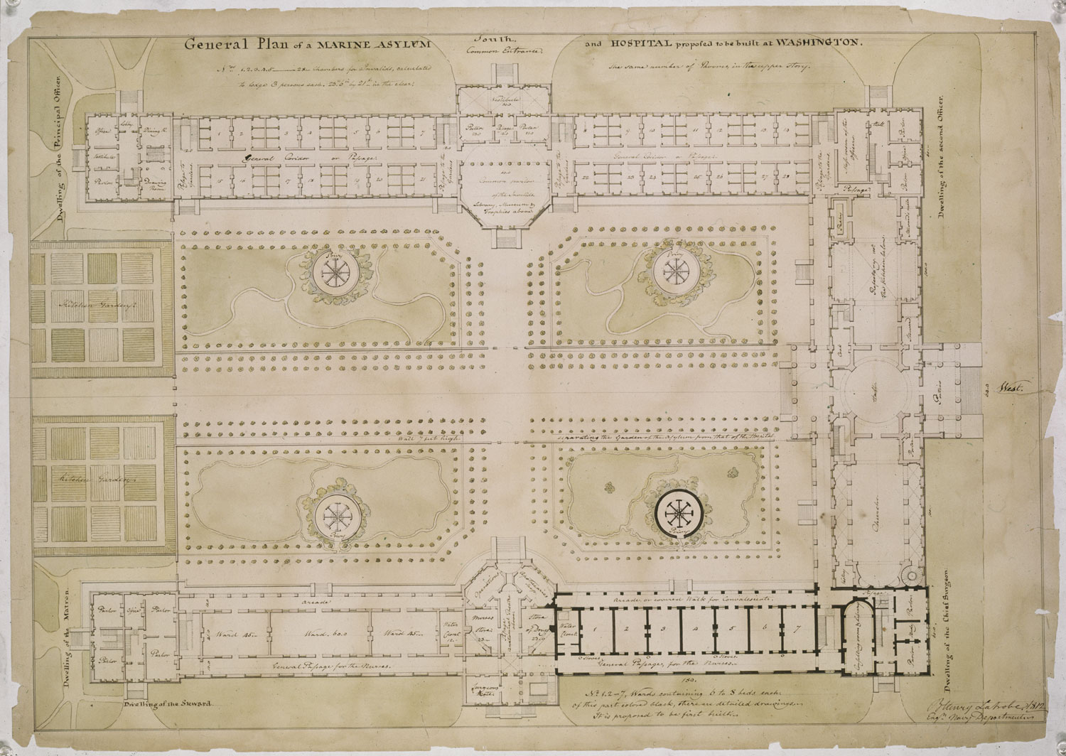 Fig. 1, Benjamin Henry Latrobe, General Plan of a Marine Asylum and Hospital proposed to be built at Washington, 1812. Kitchen gardens are indicated on the far left of the plan.