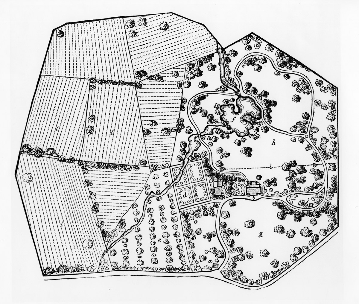 Fig. 10, Anonymous, "Plan of a Mansion Residence, laid out in the natural style," in A. J. Downing, A Treatise on the Theory and Practice of Landscape Gardening (1849), p. 115, fig. 25.