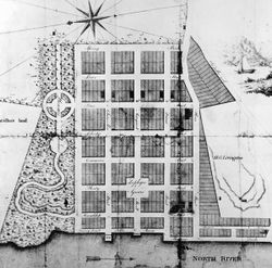 Fig. 1, Pierre Pharoux, "Plan of Tivoli Laid Out into Town Lots" [detail], N.Y., 1795. The "pleasure ground" is located to the left of the grid town plan.